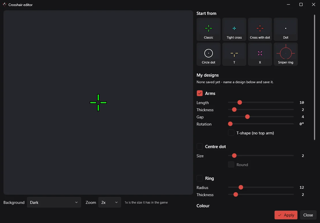 PhasmaStrap's crosshair editor: a green crosshair preview next to presets (Classic, Tight cross, Cross with dot, Dot, Circle dot, T, X, Sniper ring) and sliders for arm length, thickness, gap and rotation.
