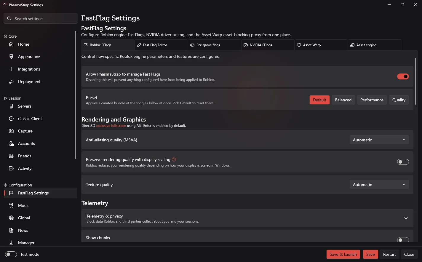 The FastFlag Settings page in PhasmaStrap, with tabs for Roblox FFlags, the Fast Flag Editor, per-game flags, NVIDIA FFlags, Asset Warp and the asset engine, and presets Default, Balanced, Performance and Quality.