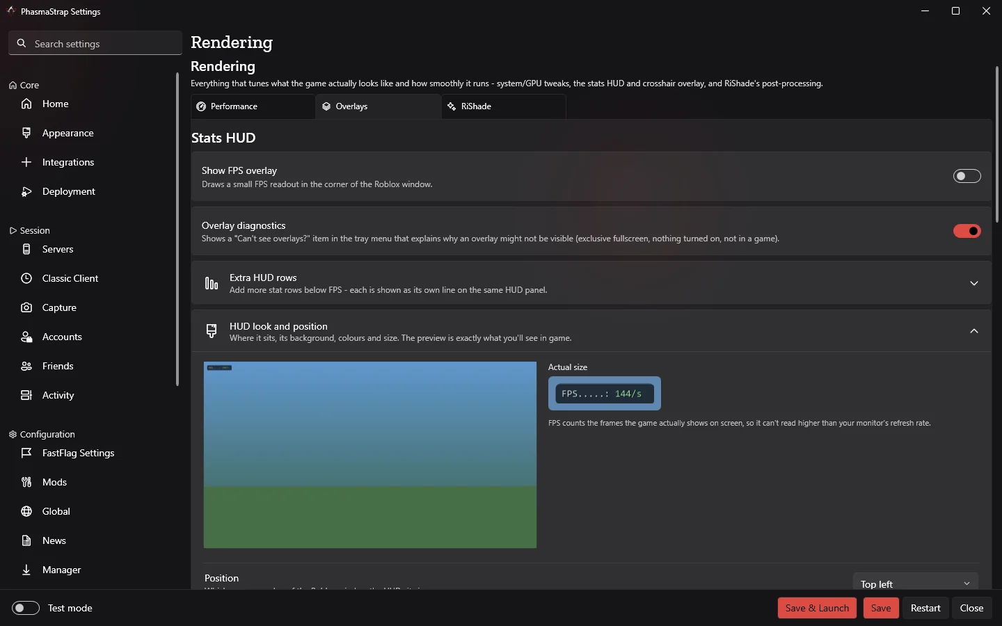 The PhasmaStrap settings window on Rendering, Overlays, with the HUD look and position section open: a live preview of the FPS counter in the corner of a game view.